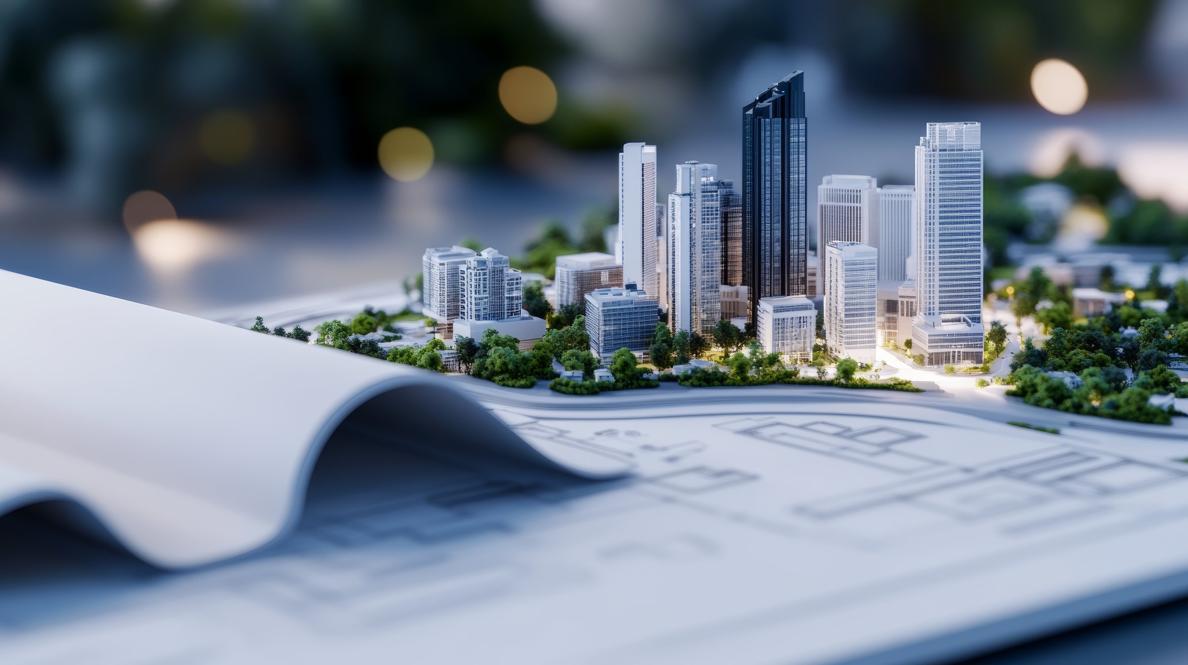 Architectural model of a large-scale development rising from construction blueprints